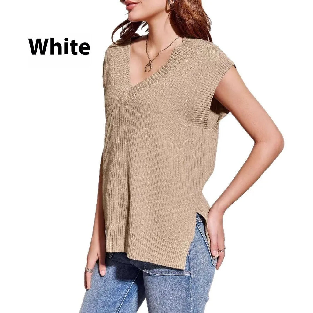 Women's V-neck sleeveless loose pullover vest in camel colour with stripe pattern