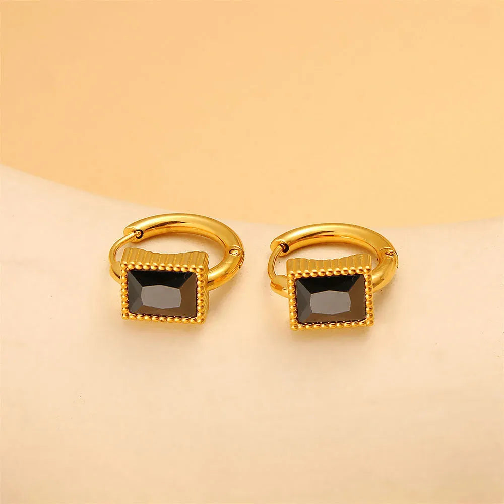 Square zircon stainless steel earrings in geometric design, available in white, black, or green electroplated colours.