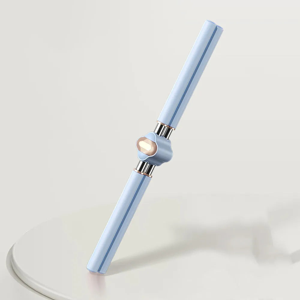 Adjustable stainless steel posture corrector back stick in blue, shown with its storage bag.