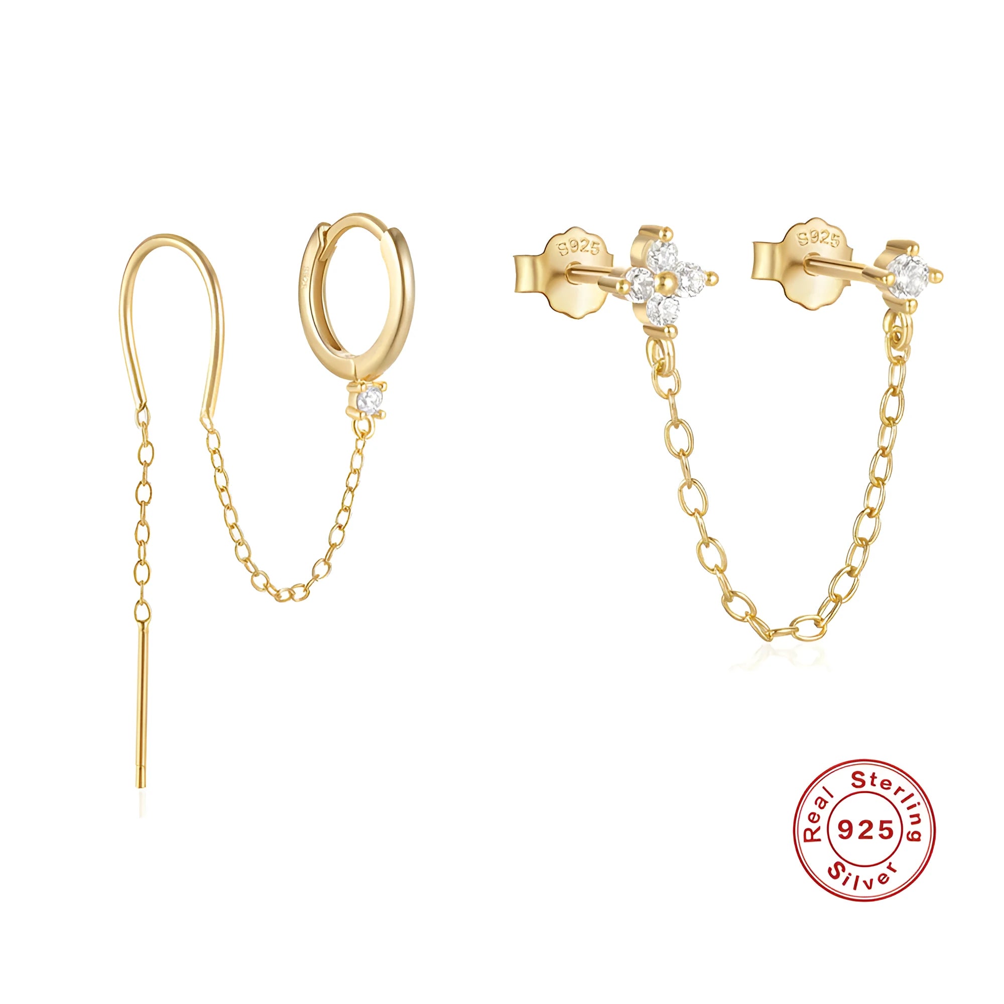 S925 sterling silver geometric ear studs with diamond flower and tassel chain detail in gold colour