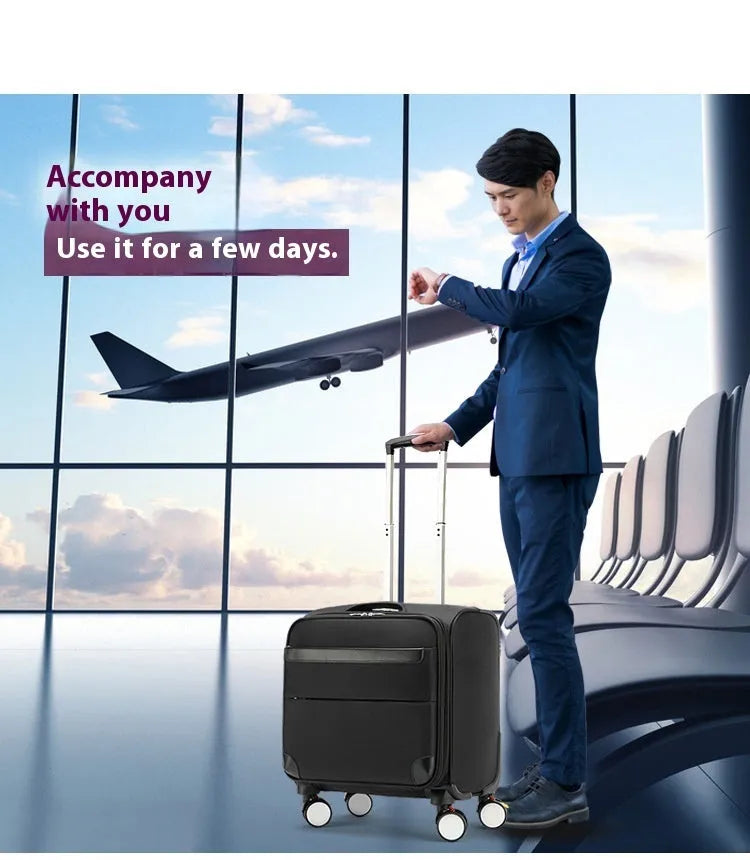 Black 18-inch Oxford cloth business suitcase with telescopic handle and universal wheels.
