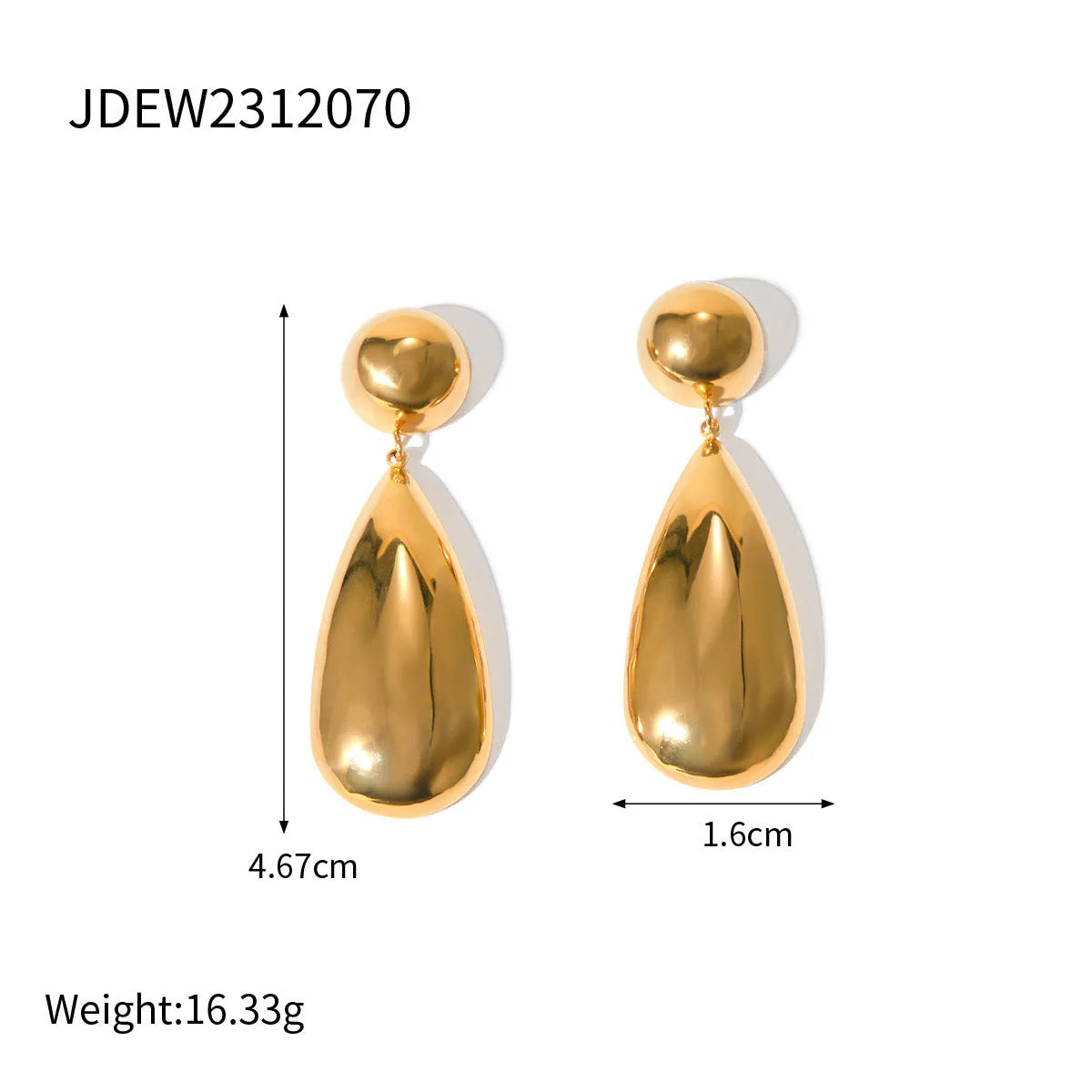 Gold-coloured stainless steel water drop pendant earrings with geometric hemisphere design
