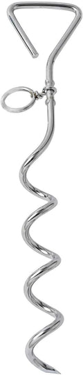 Silver spiral dog tie out stake made of solid steel for outdoor tethering in sandy soil