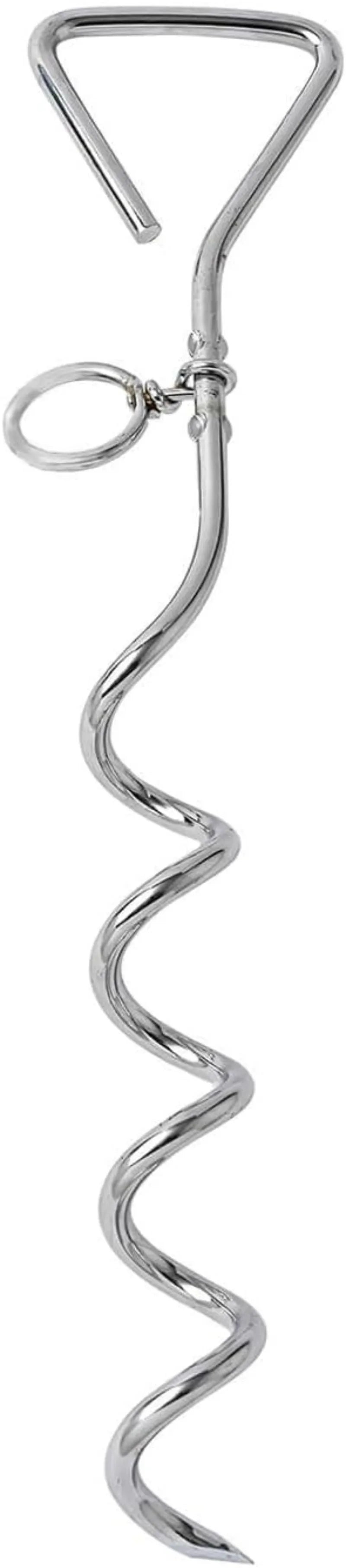 Silver spiral dog tie out stake made of solid steel for outdoor tethering in sandy soil