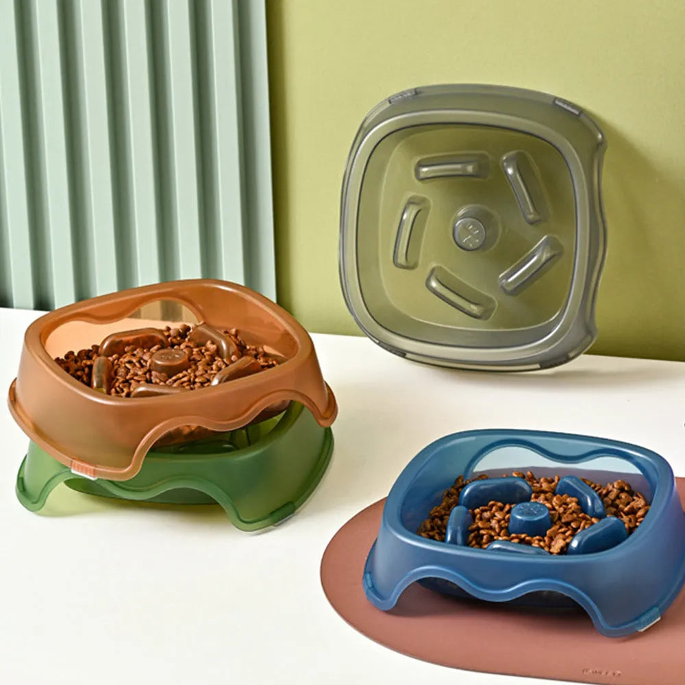 Dog slow feeder bowl with anti-choking maze pattern in BPA-free plastic available in four colours