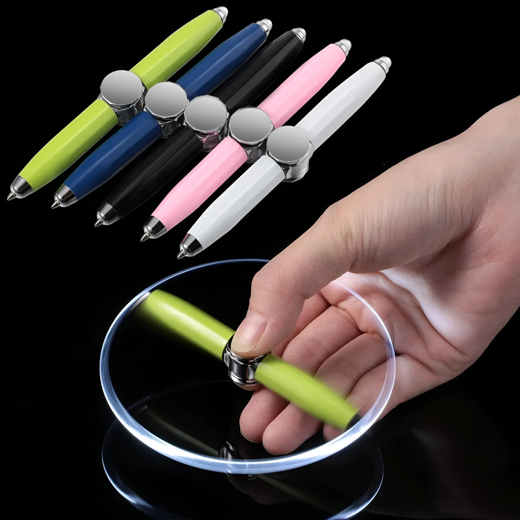 Metal ballpoint pen with LED spinning gyro function showing 10.5cm length and multiple colour refills