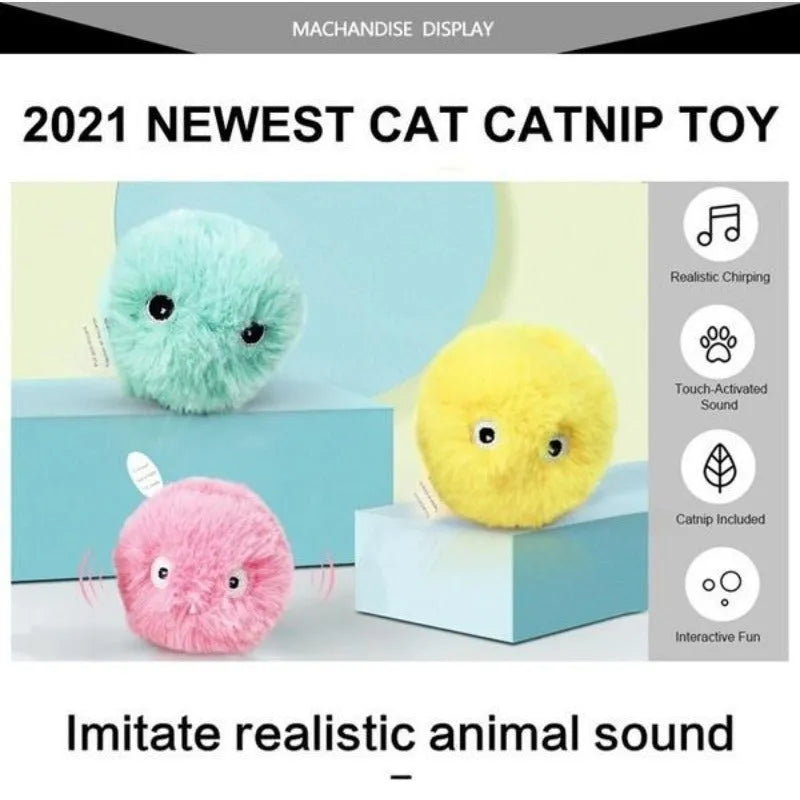Interactive cat toy ball in blue, pink, or yellow colours with 55mm diameter and smart trigger for animal sounds
