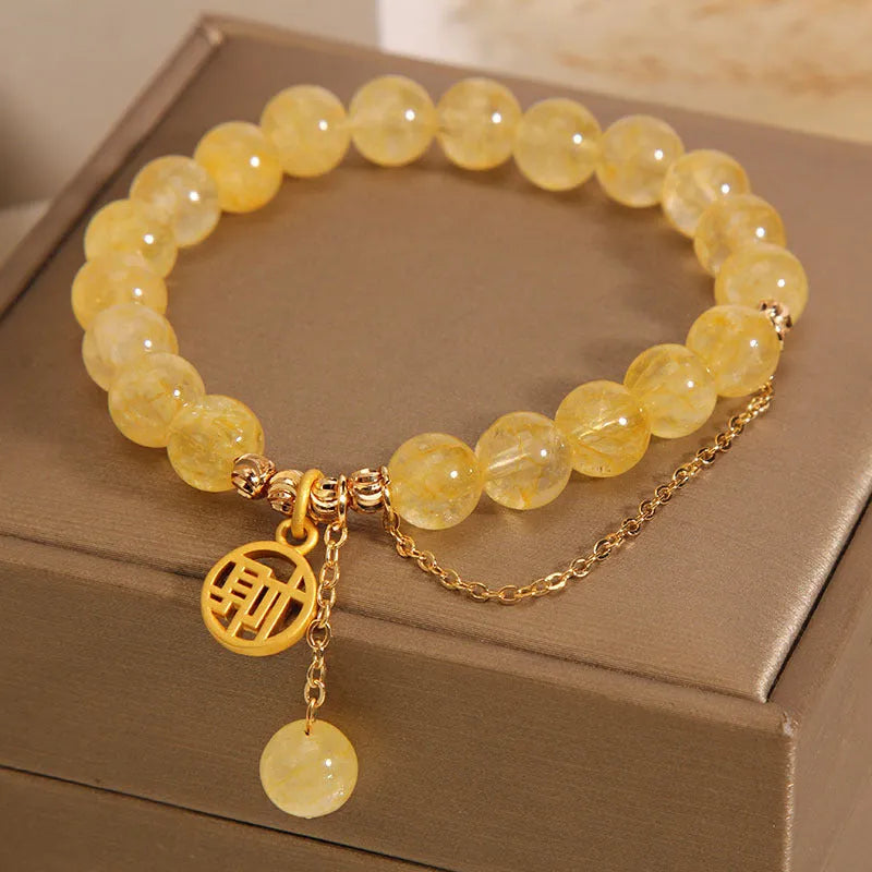 Natural stone citrine bracelet with Chinese character tassel design, electroplated finish