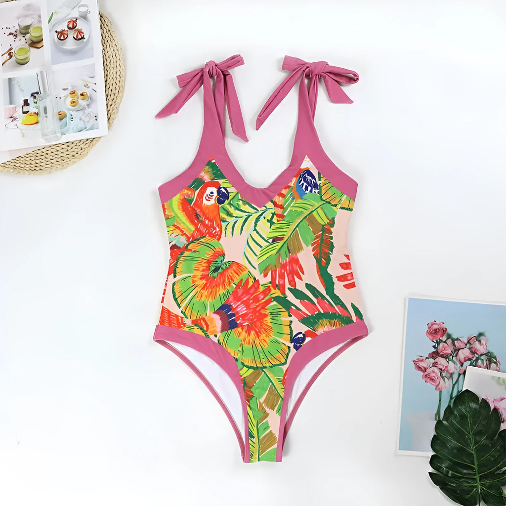 Retro pink floral print one-piece swimsuit for women with V-neck, tummy control and attached skirt