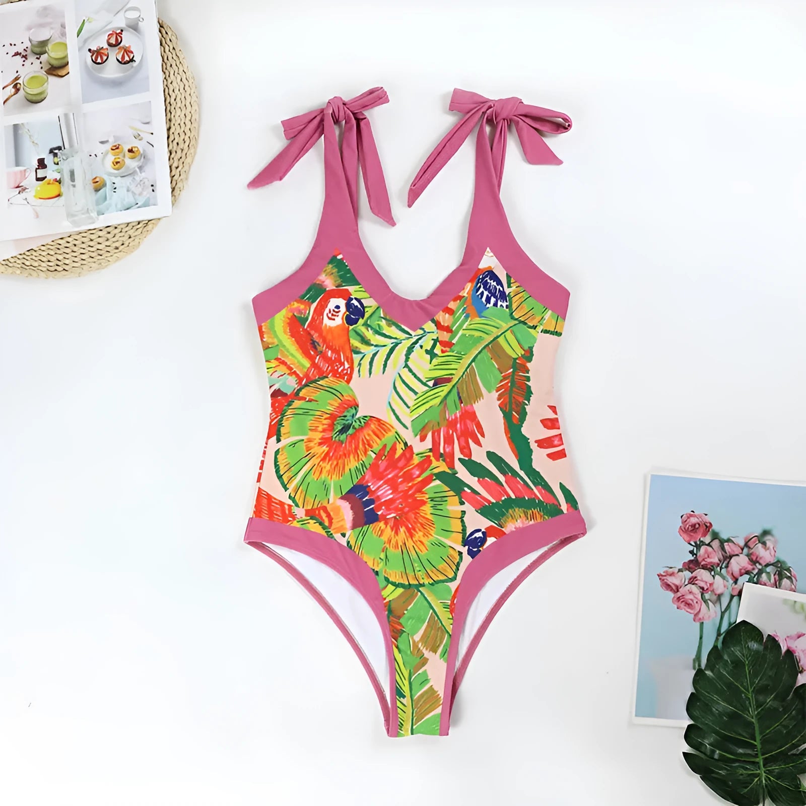 Retro pink floral print one-piece swimsuit for women with V-neck, tummy control and attached skirt