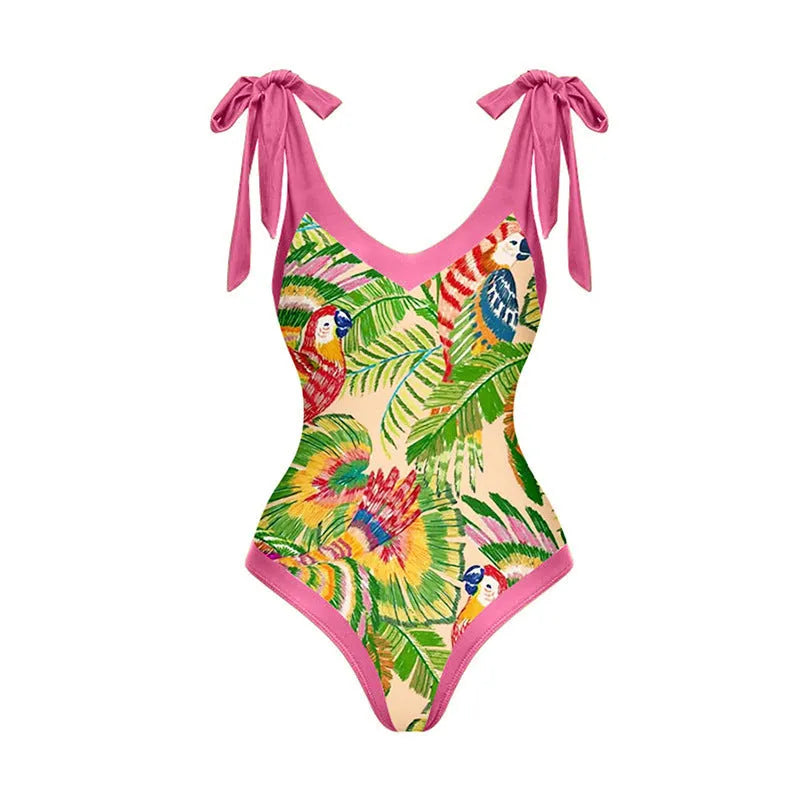 Retro pink floral print one-piece swimsuit for women with V-neck, tummy control and attached skirt