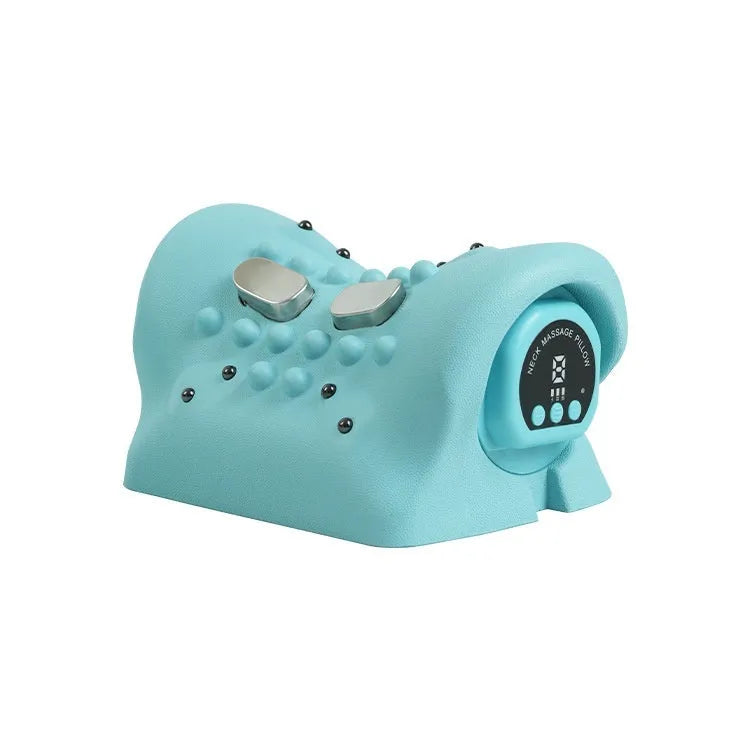 Blue-green portable neck massage pillow with EMS and hot compress, 17x10x12 cm