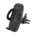 Black car air vent mobile phone holder mounted on vehicle air conditioning outlet holding smartphone