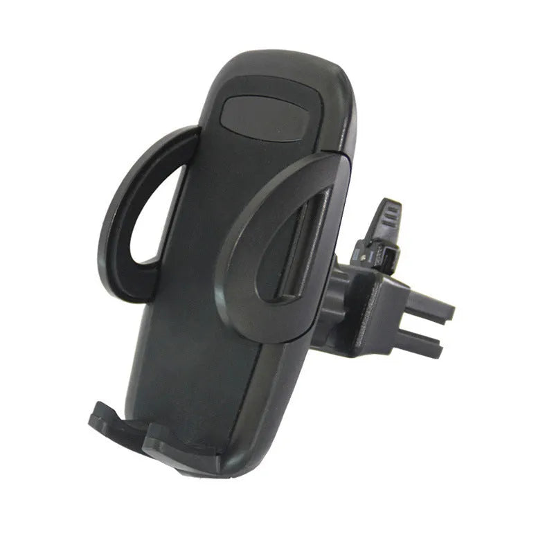 Black car air vent mobile phone holder mounted on vehicle air conditioning outlet holding smartphone