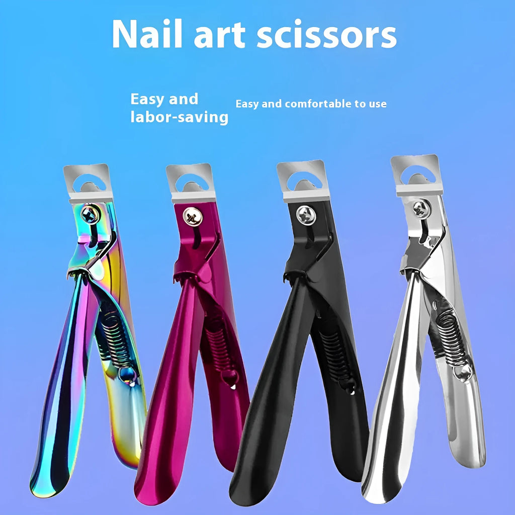 Close-up of stainless steel U-shaped nail art scissors in electrophoresis black finish.