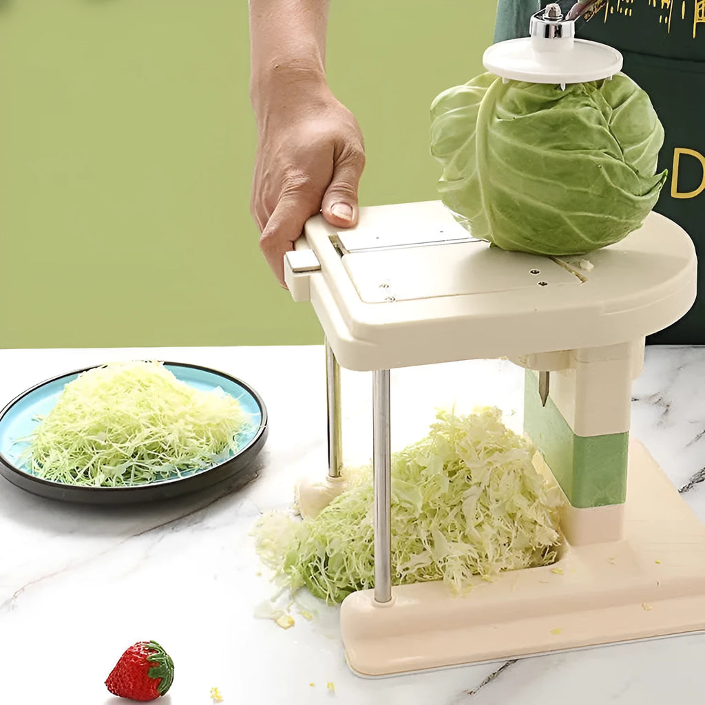 Beige multifunctional vegetable slicer chopper with stainless steel blades on a kitchen counter