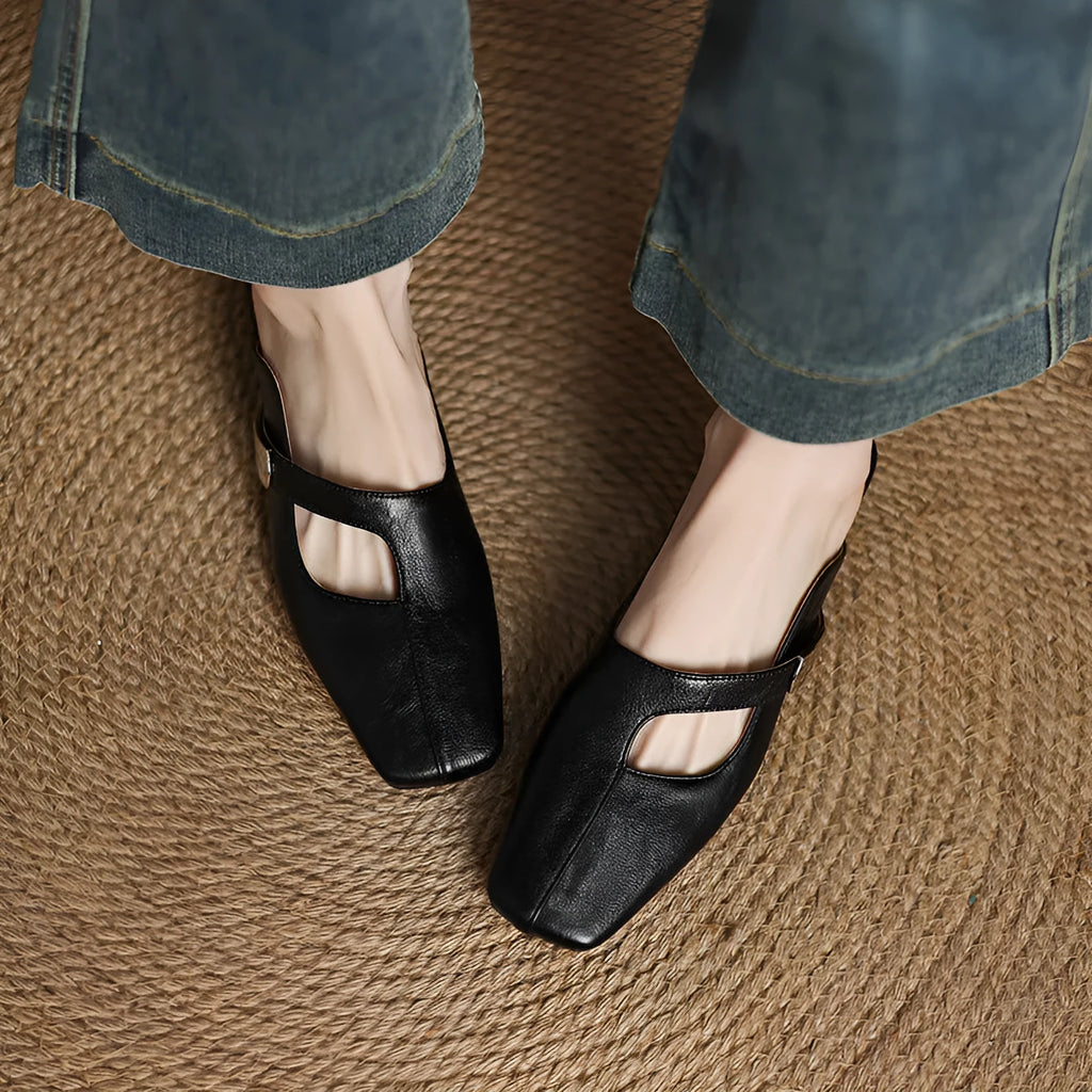 Leisure low heel slippers with square toe in black, beige, and silver on rubber sole.