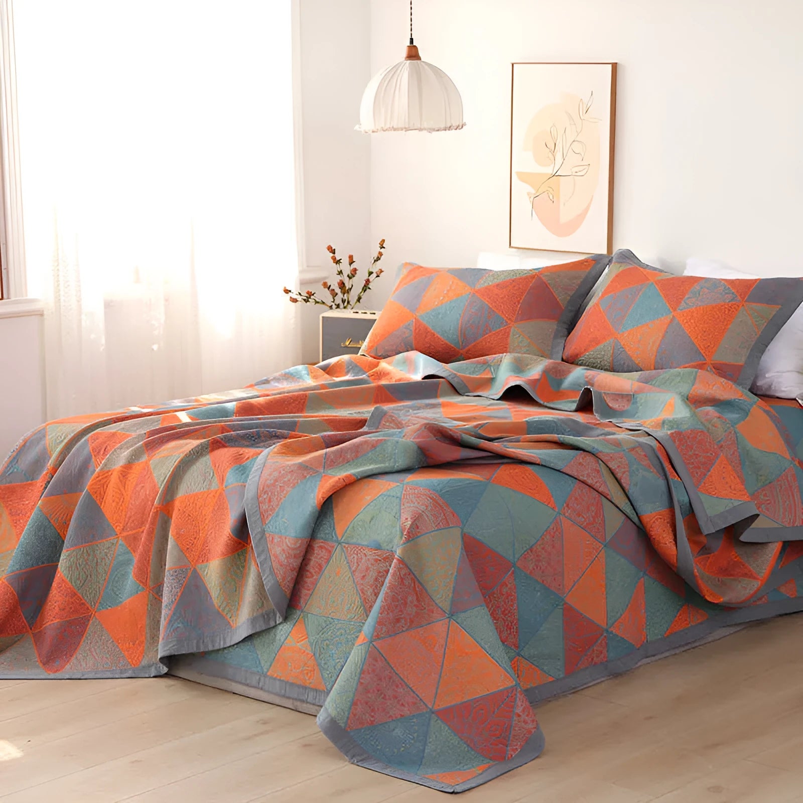 Cotton gauze three-piece bedding set with botanical flower pattern showing blanket and two matching pillowcases