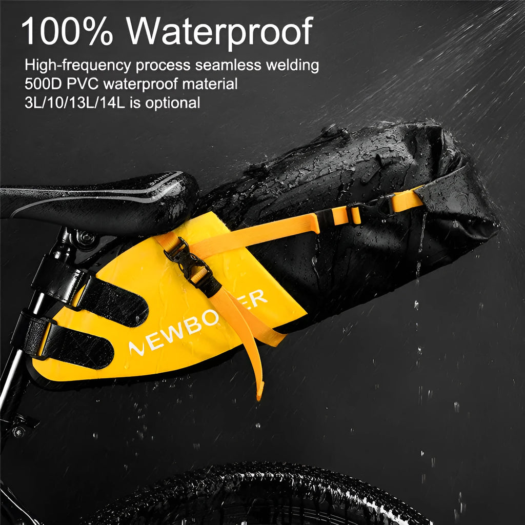 Waterproof black PVC bicycle tail bag with 13L capacity mounted on a bike.