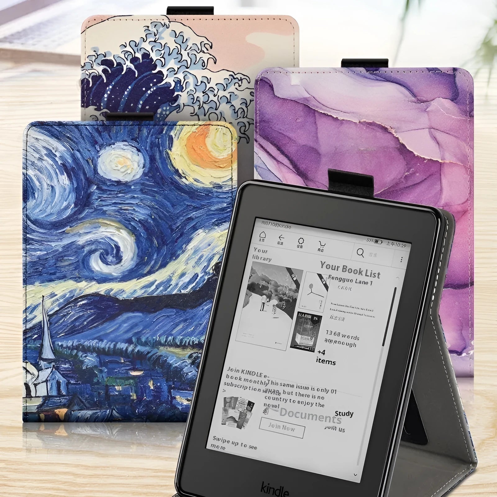 Printed TPU protective case for 6-inch Kindle showing artistic design options and bracket-style construction