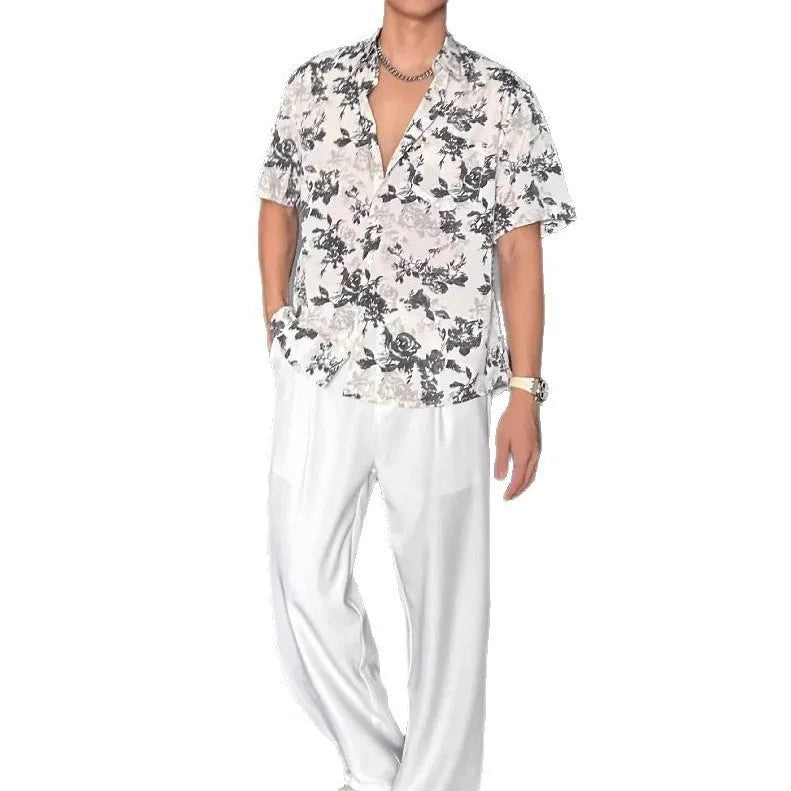 Women's short sleeve floral printed shirt in white with loose casual fit
