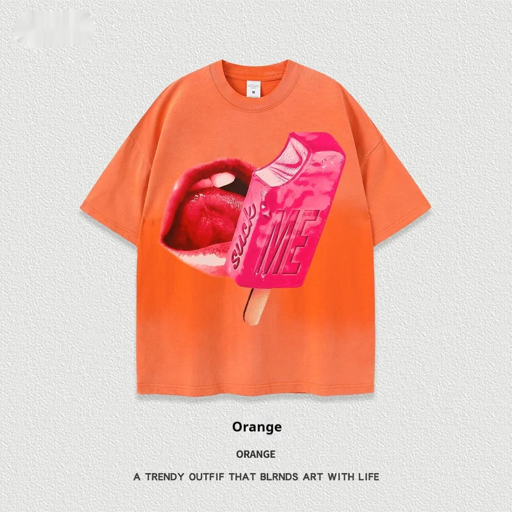 Street style heavy washed cotton t-shirt with cartoon print, loose fit, short sleeves.
