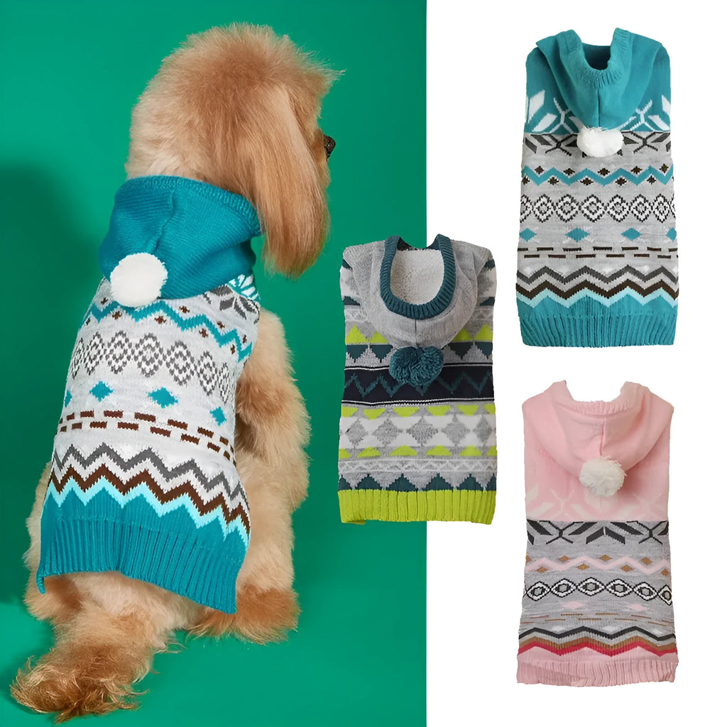 Green acrylic pet sweater with a diamond knit pattern for a small dog.