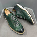 Men's low-top handmade shoes with an embossed pattern, shown in multiple colours with front lace-up detail.