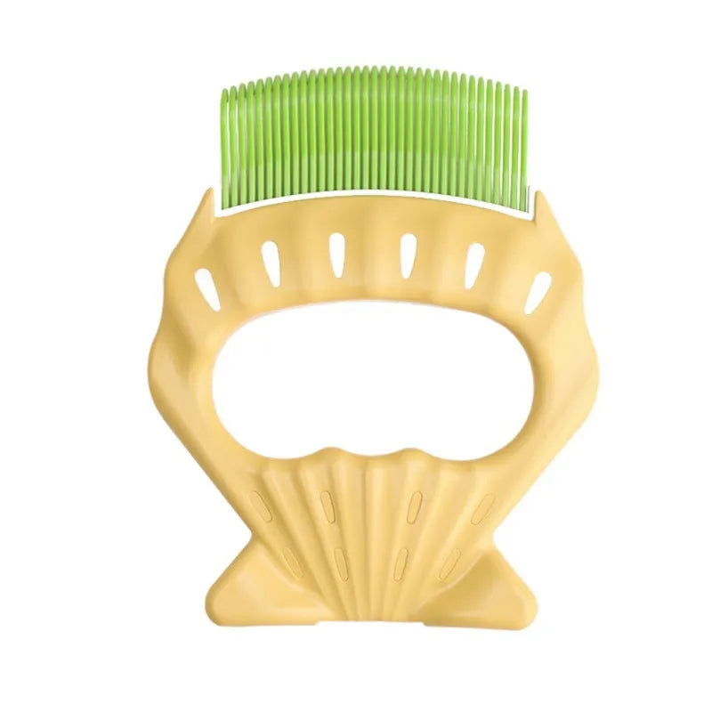 Shell shaped pet grooming brush in green, orange, or purple colours for dogs and cats