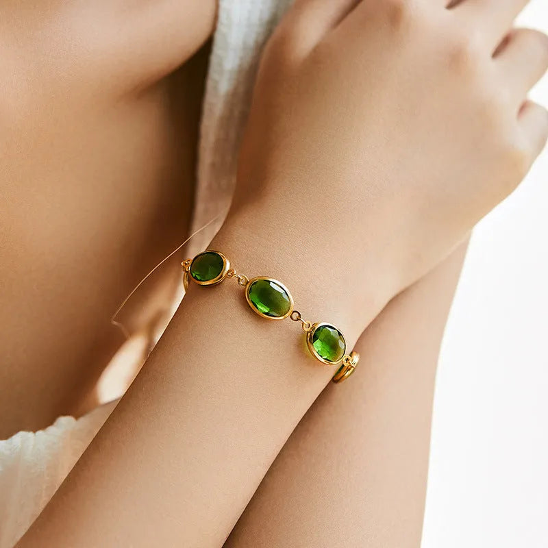 Copper bracelet with 18K gold plating and blue glass inlay, geometry shape, women's fashion OL style