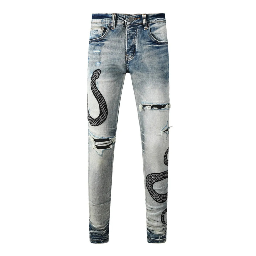 Women's blue distressed skinny jeans with mid-waist fit and button fly detail