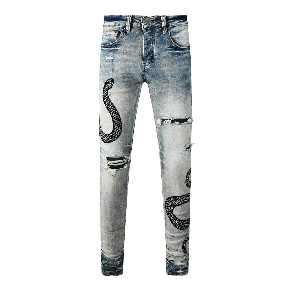 Women's blue distressed skinny jeans with mid-waist fit and button fly detail