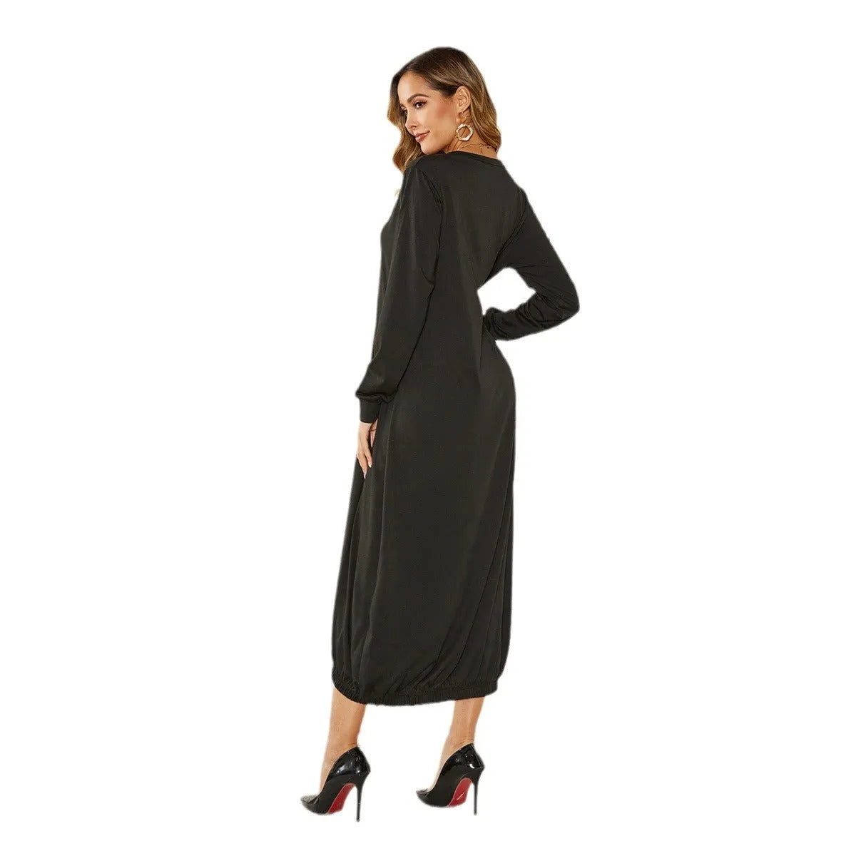 Black loose-fitting lantern dress with lace-up crew neck and ruffle detail