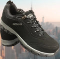 Men's low-top hiking shoes in army green, grey, and brown colours showing cloth and mesh lining interior