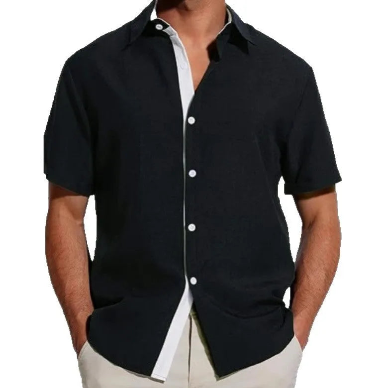 Men's short-sleeved floral print polyester shirt in gray, front view, casual summer style