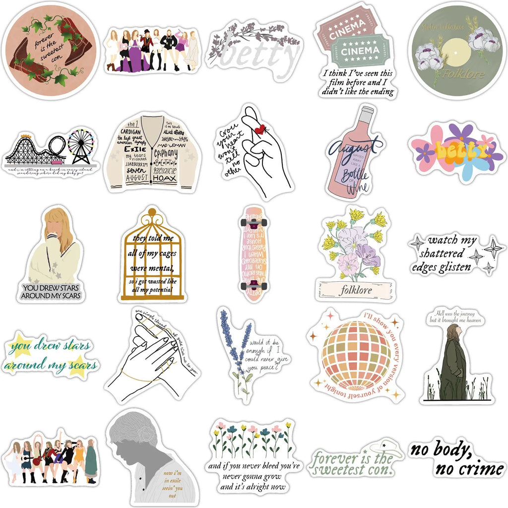 50 colourful graffiti and cartoon design waterproof stickers for luggage and notebooks, each 4-6cm long.