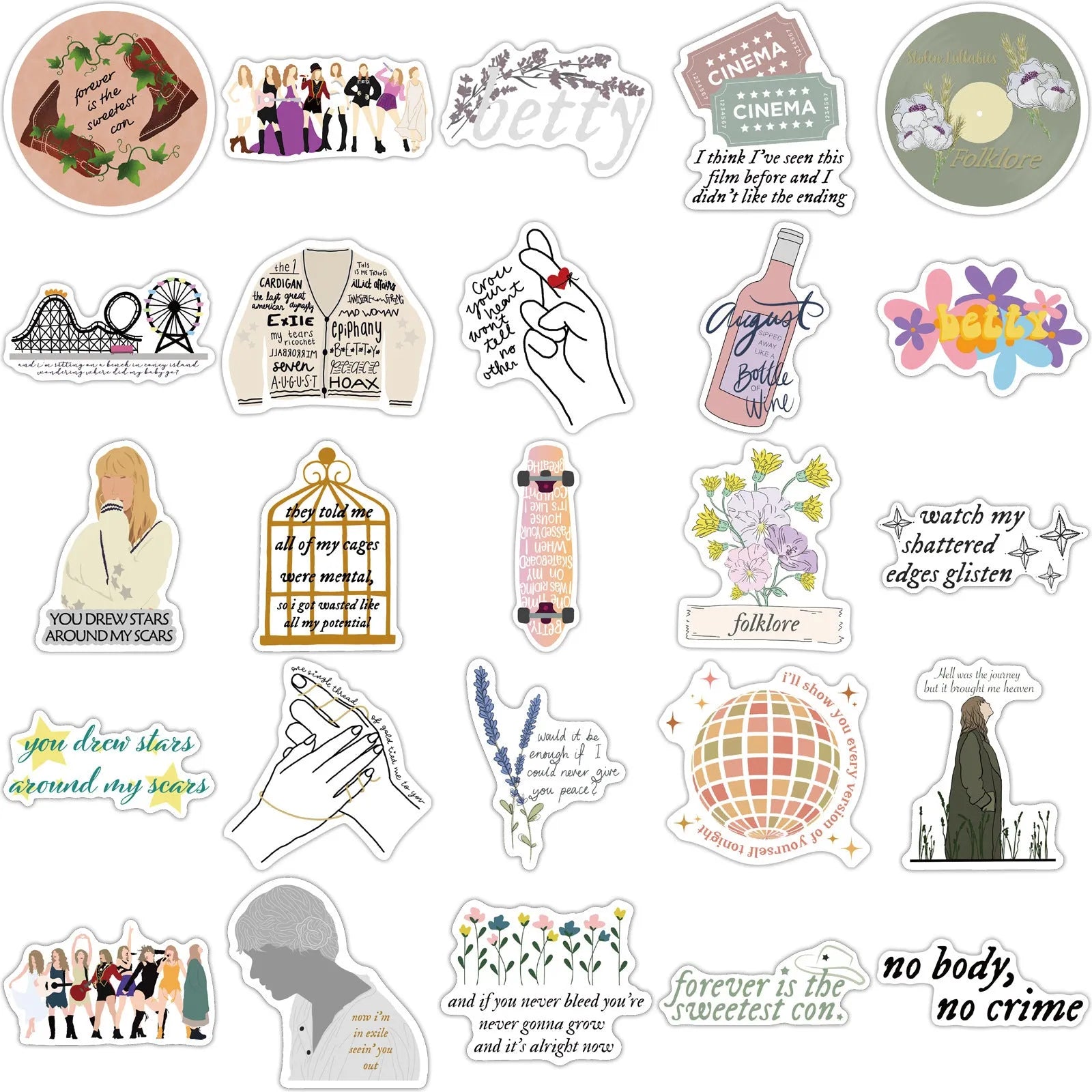 50 colourful graffiti and cartoon design waterproof stickers for luggage and notebooks, each 4-6cm long.