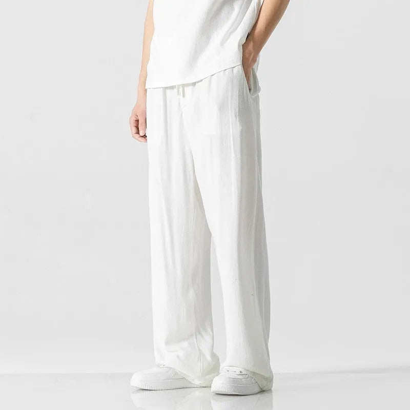Men's straight-leg linen trousers in bamboo fabric with cropped length and drawstring waist