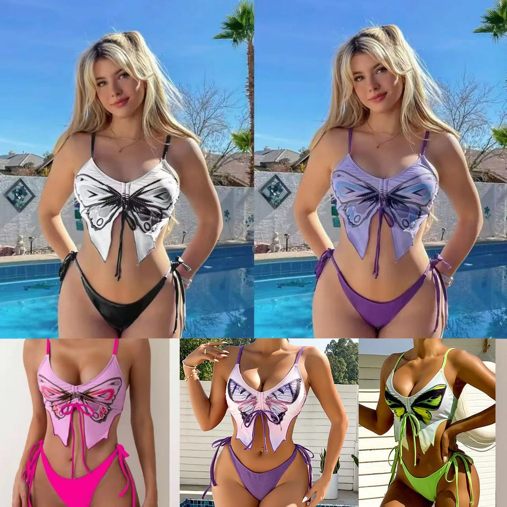 Women's purple bikini set with a bow on the front and high-cut briefs