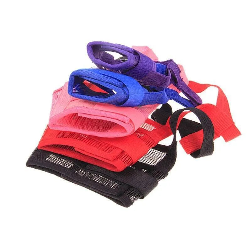 Adjustable plastic basket dog muzzle shown in multiple colours and sizes for biting and barking control.