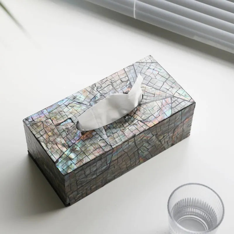 Black natural shell tissue box organiser with removable divider for coffee tables