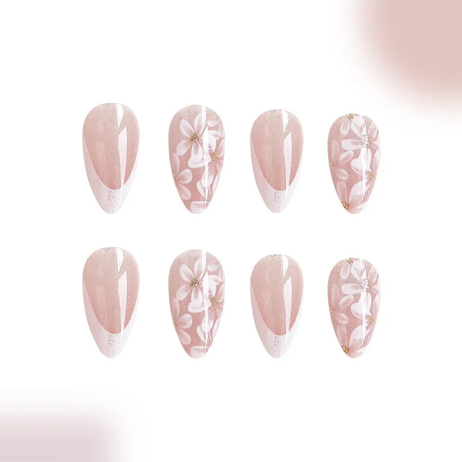 Removable artificial nails with French style glitter flowers on short almond shape in colour C625