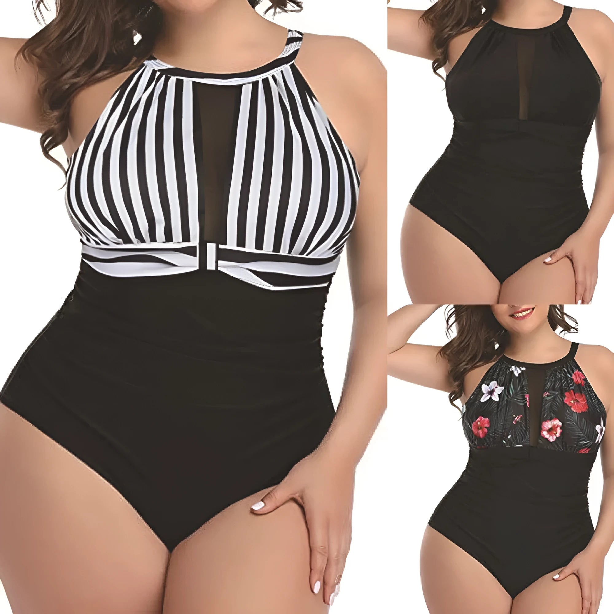 Women's black polyester lace one-piece swimsuit on a hanger, with stripes and red flower pattern options shown.