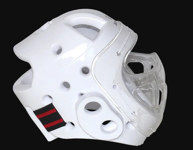 Karate helmet protective equipment in white, blue, and red colours available in multiple sizes
