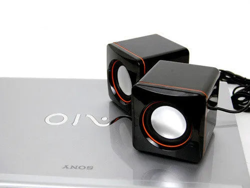 Black square USB-powered 2.0 computer speakers for desktop and laptop audio