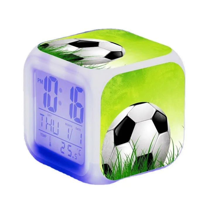 Square football pattern alarm clock with cartoon design for children's bedrooms