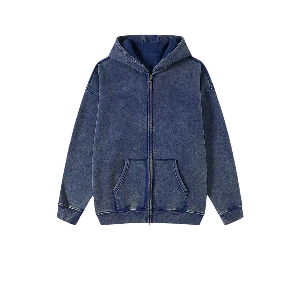 Men's washed cotton hooded cardigan sweater with fleece lining and double zipper front in dark green colour