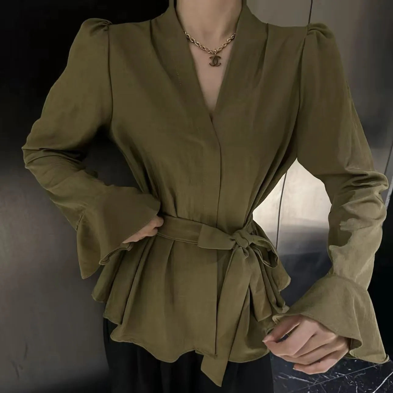 Women's French-style irregular collar long sleeve shirt with tied front in polyester fabric