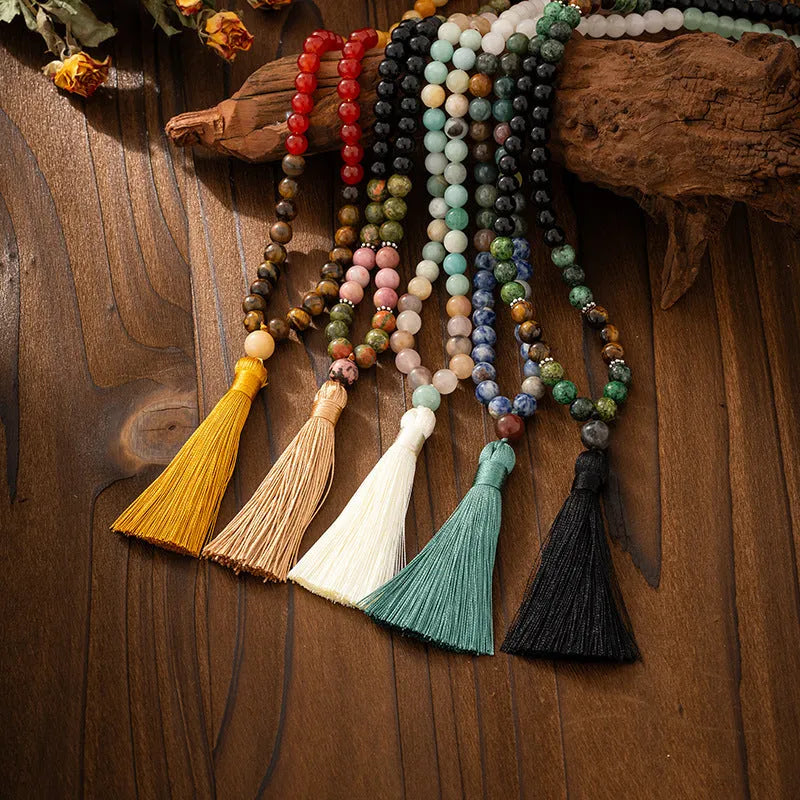 Vintage bohemian long beaded sweater chain with geometric design and tassel detail