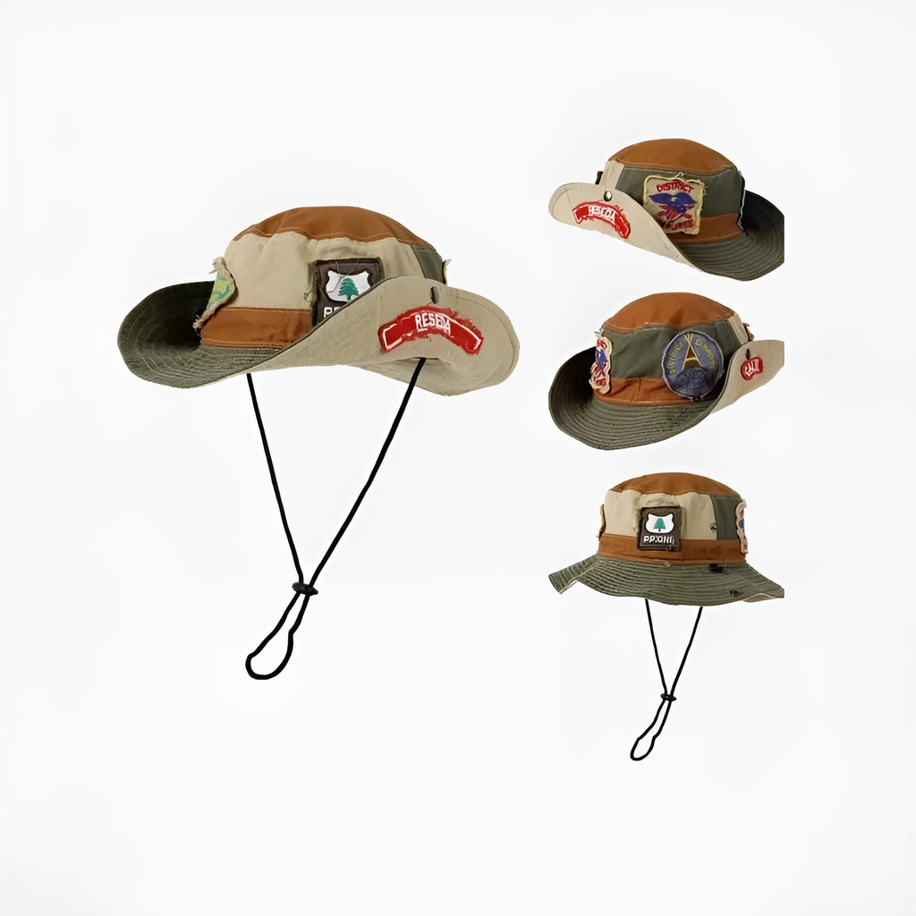 Army Green cotton fisherman hat with patchwork design and flat top crown.